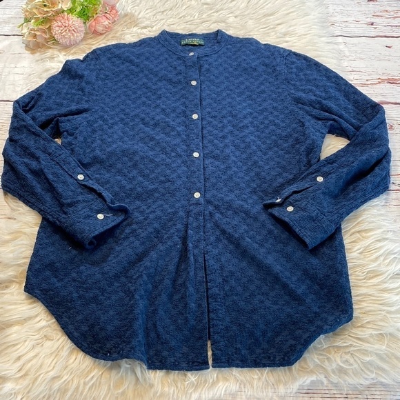 DONATING 3/9 Lauren Ralph Lauren Blue Eyelet Long Sleeve Blouse sz L - Picture 1 of 6